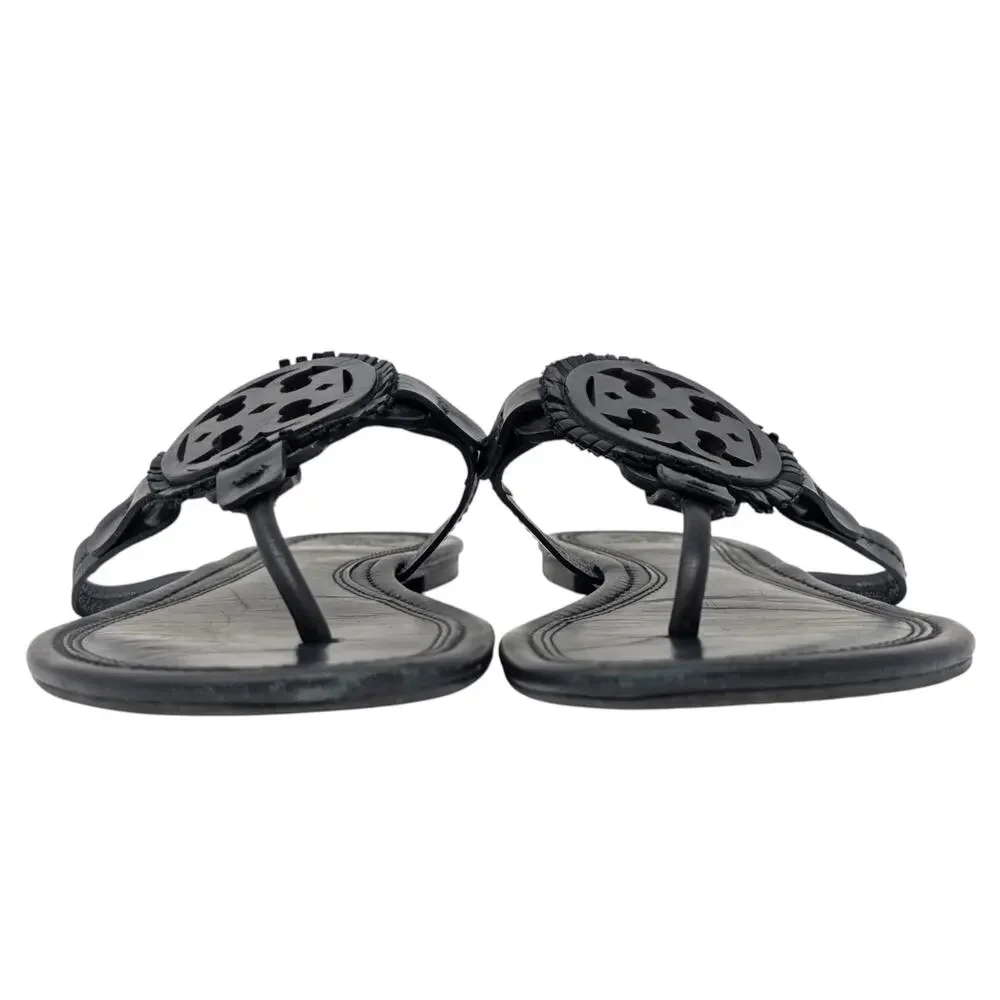 Tory Burch Miller Fringe Sandals Black Size 9 Logo Thong Leather Flat‎